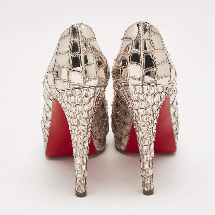 Pre Owned Christian Louboutin Metallic Mirror Leather and Satin Mosaic Sobek Platform Pumps Size 36.5