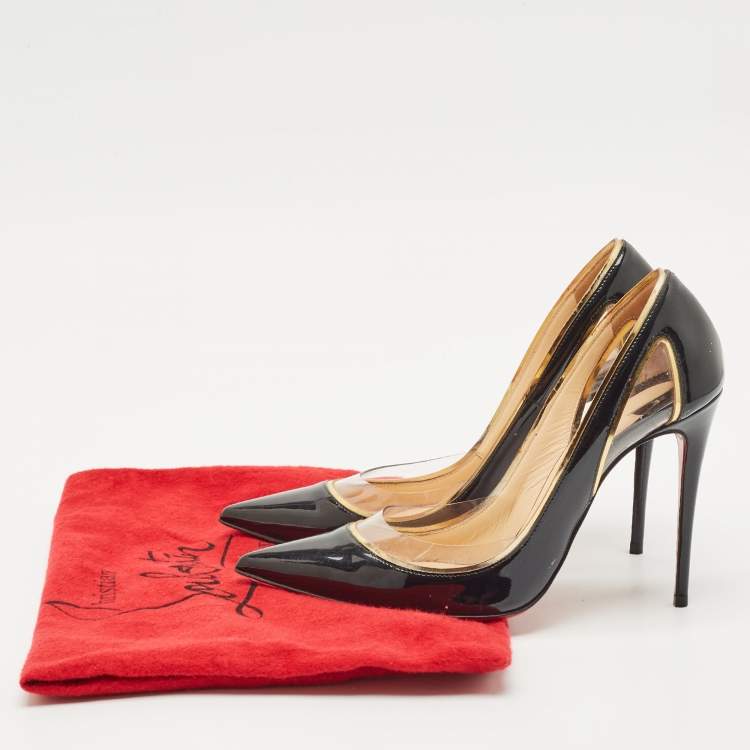 مملوكة مسبقًا Christian Louboutin Black/Gold Patent Leather and PVC Cosmo Pumps Size 37