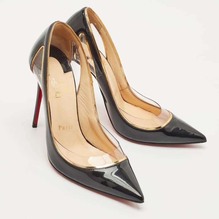 مملوكة مسبقًا Christian Louboutin Black/Gold Patent Leather and PVC Cosmo Pumps Size 37