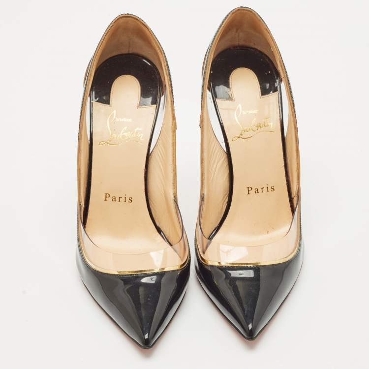 مملوكة مسبقًا Christian Louboutin Black/Gold Patent Leather and PVC Cosmo Pumps Size 37