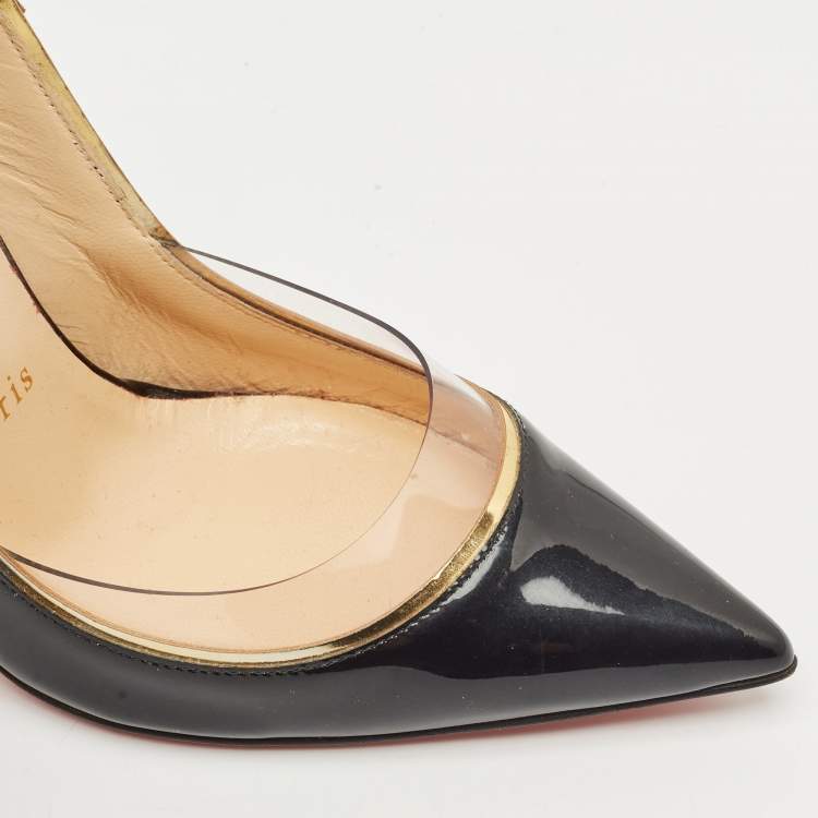مملوكة مسبقًا Christian Louboutin Black/Gold Patent Leather and PVC Cosmo Pumps Size 37
