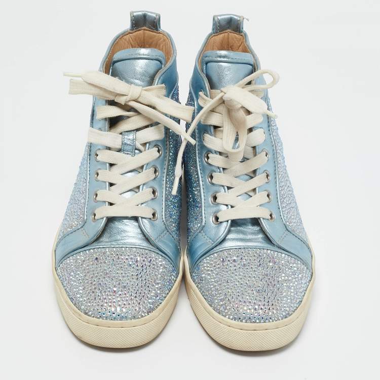 Pre Owned Christian Louboutin Blue Leather Strass Louis High Top Sneakers Size 38