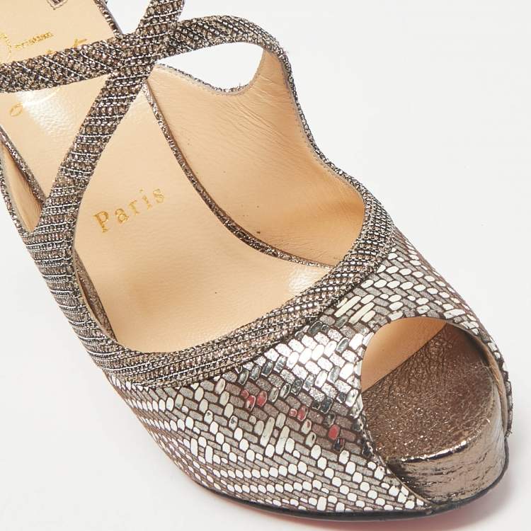 Pre Owned Christian Louboutin Metallic Lamé Fabric and Glitter Mira Bella Sandals Size 37.5
