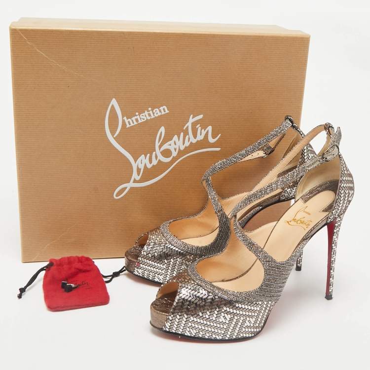 Pre Owned Christian Louboutin Metallic Lamé Fabric and Glitter Mira Bella Sandals Size 37.5