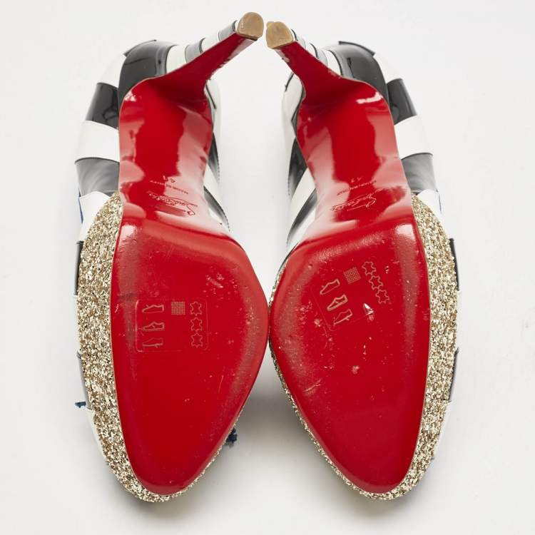 Pre Owned Christian Louboutin White/Black Striped Patent and Leather Foraine Pumps Size 41
