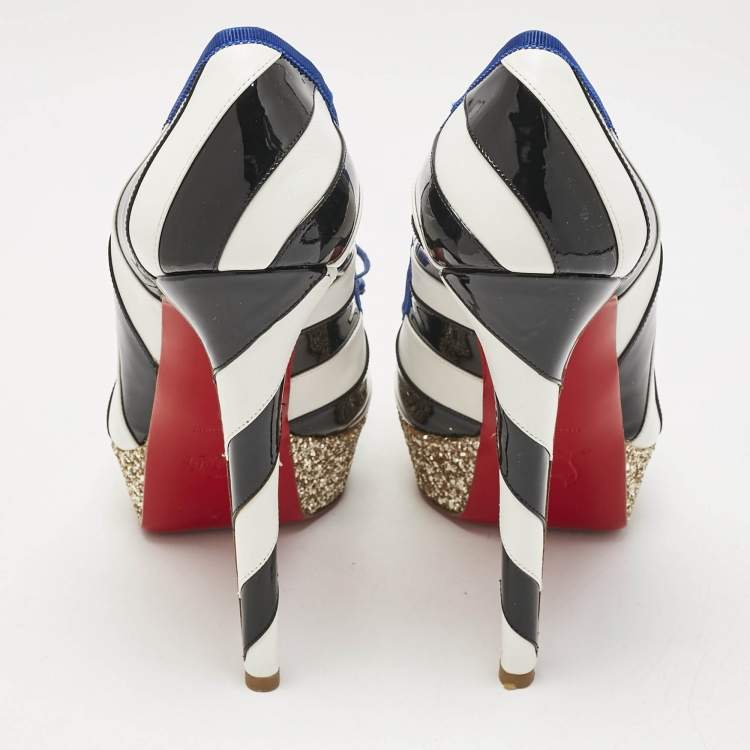 Pre Owned Christian Louboutin White/Black Striped Patent and Leather Foraine Pumps Size 41