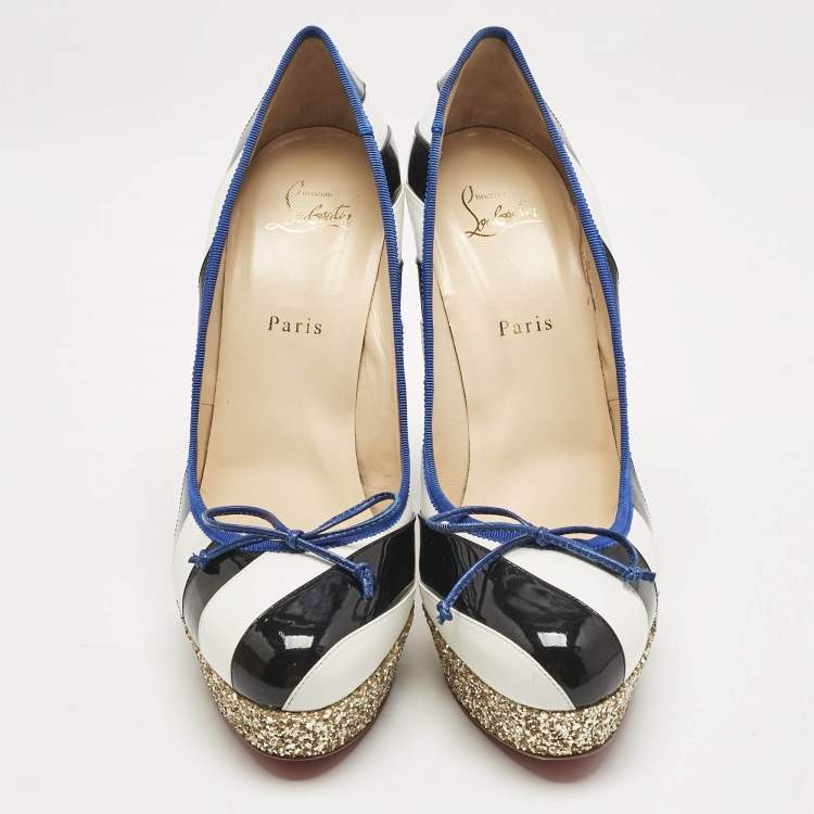 Pre Owned Christian Louboutin White/Black Striped Patent and Leather Foraine Pumps Size 41