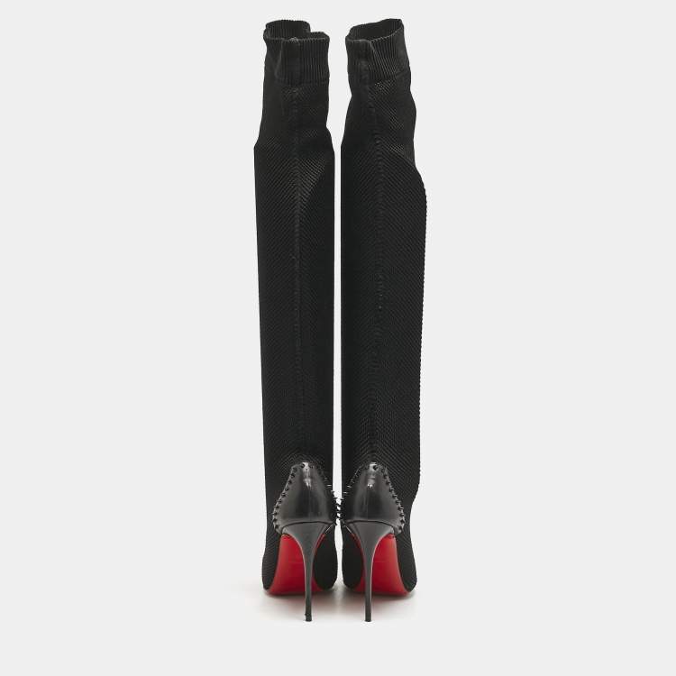 Pre Owned Christian Louboutin Black Knit Fabric and Leather Souricette Knee Length Boots 38