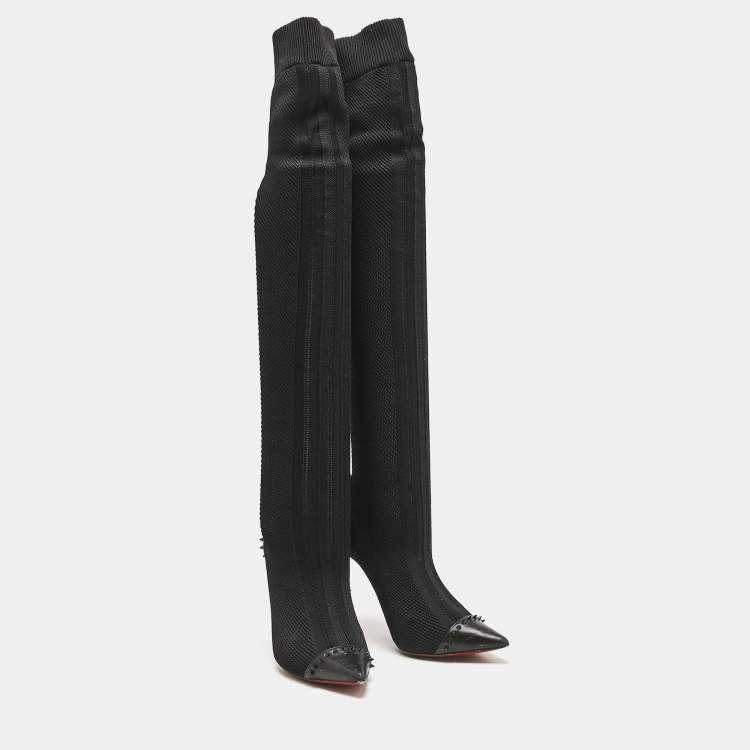 Pre Owned Christian Louboutin Black Knit Fabric and Leather Souricette Knee Length Boots 38