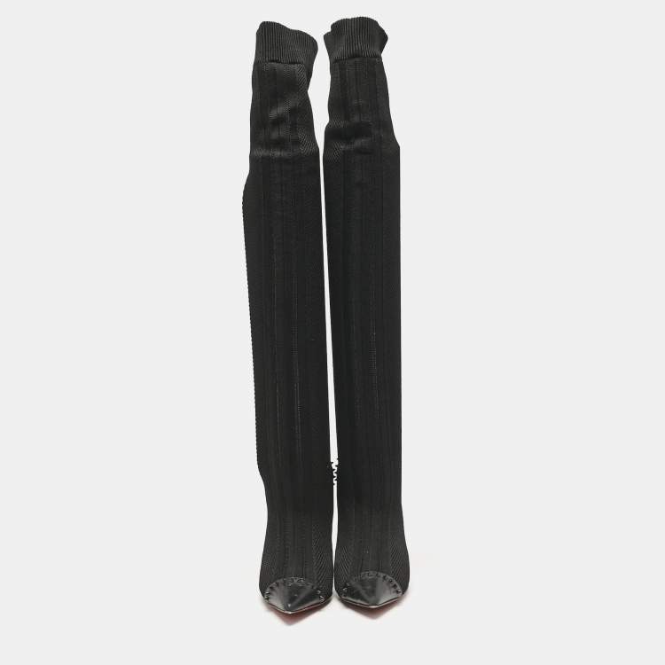 Pre Owned Christian Louboutin Black Knit Fabric and Leather Souricette Knee Length Boots 38