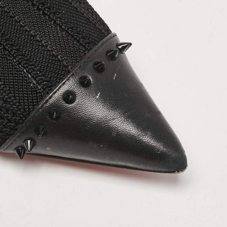 Pre Owned Christian Louboutin Black Knit Fabric and Leather Souricette Knee Length Boots 38