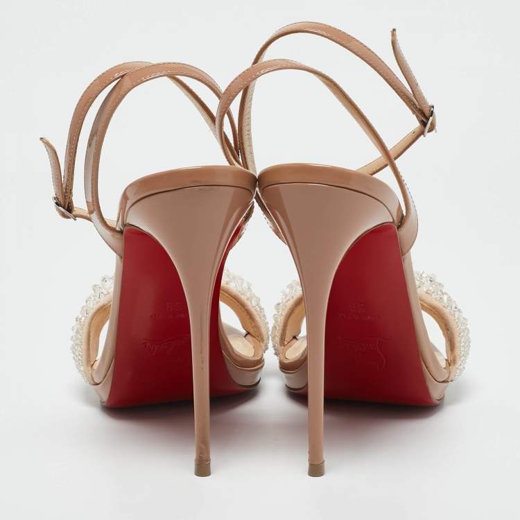 Pre Owned Christian Louboutin Beige Patent Leather and Suede Crystal Queen Sandals Size 39