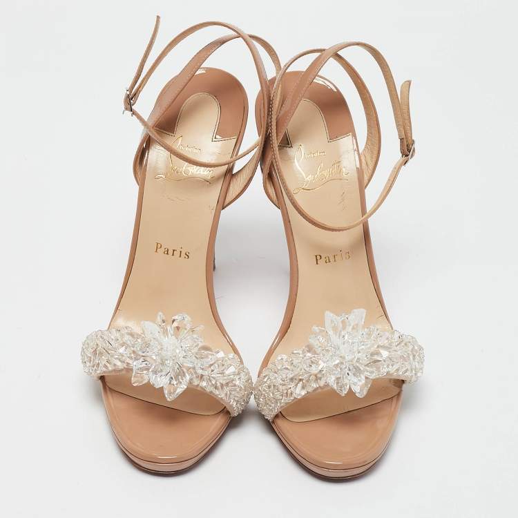 Pre Owned Christian Louboutin Beige Patent Leather and Suede Crystal Queen Sandals Size 39