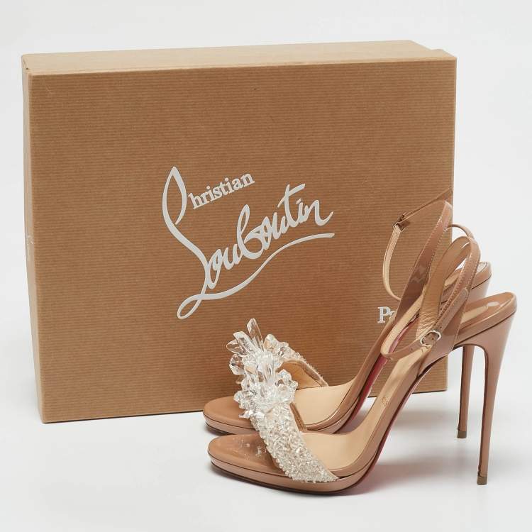 Pre Owned Christian Louboutin Beige Patent Leather and Suede Crystal Queen Sandals Size 39