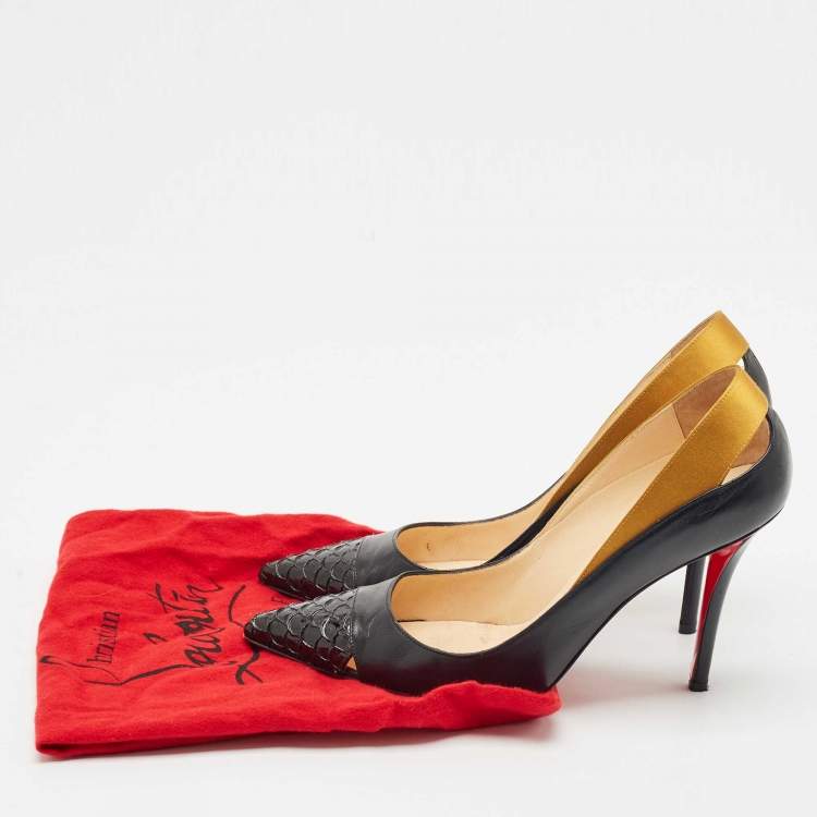 Pre Owned Christian Louboutin Black/Gold Leather and Satin Pointed Toe Pumps Size 39