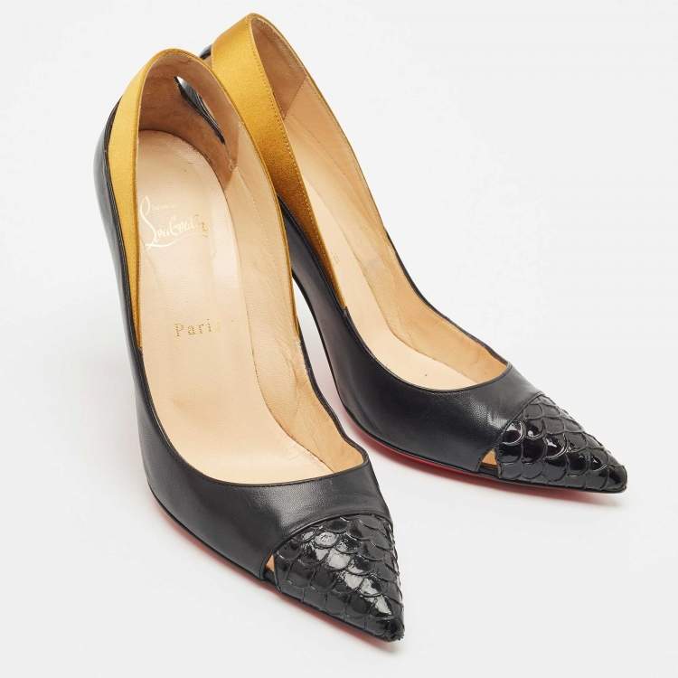 Pre Owned Christian Louboutin Black/Gold Leather and Satin Pointed Toe Pumps Size 39