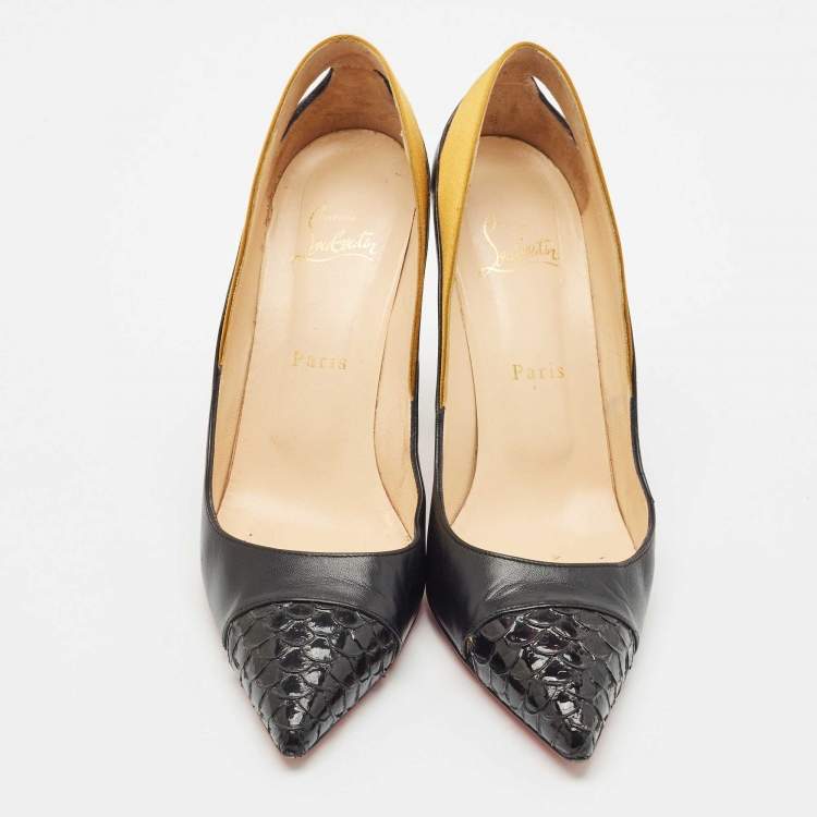 Pre Owned Christian Louboutin Black/Gold Leather and Satin Pointed Toe Pumps Size 39
