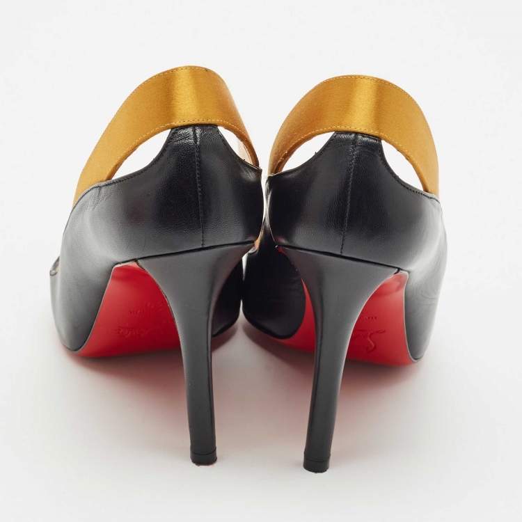 Pre Owned Christian Louboutin Black/Gold Leather and Satin Pointed Toe Pumps Size 39
