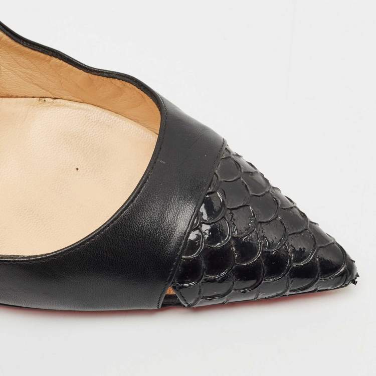 Pre Owned Christian Louboutin Black/Gold Leather and Satin Pointed Toe Pumps Size 39