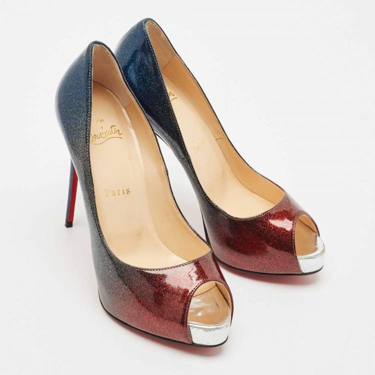 Pre Owned Christian Louboutin Blue/Red Ombre Patent Leather New Very Prive Pumps Size 37.5