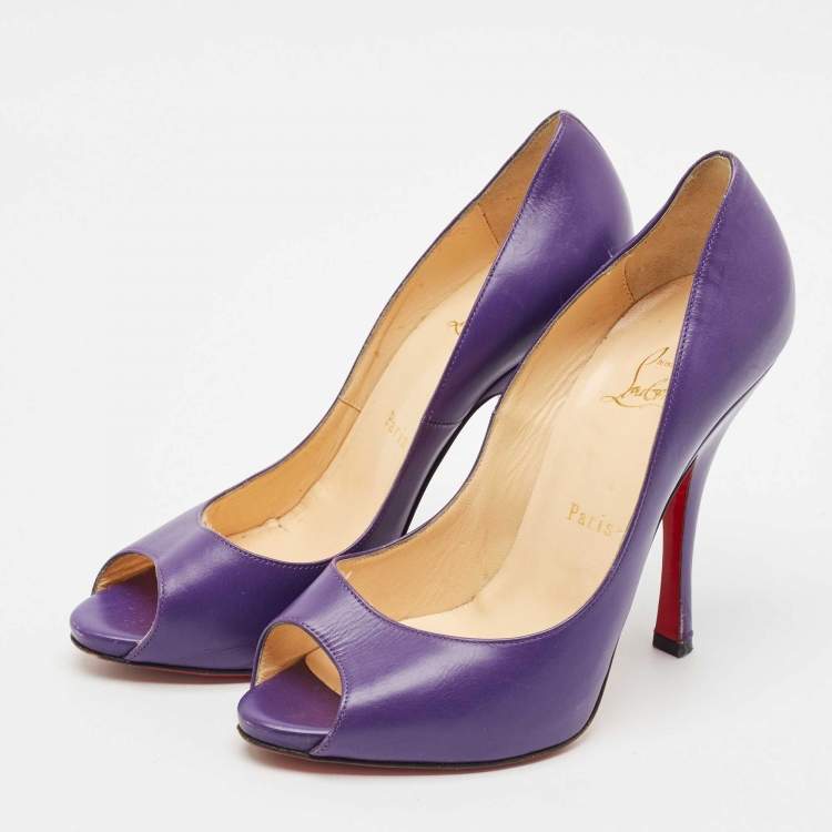 Pre Owned Christian Louboutin Purple Leather Flo Peep Toe Pumps Size 37.5