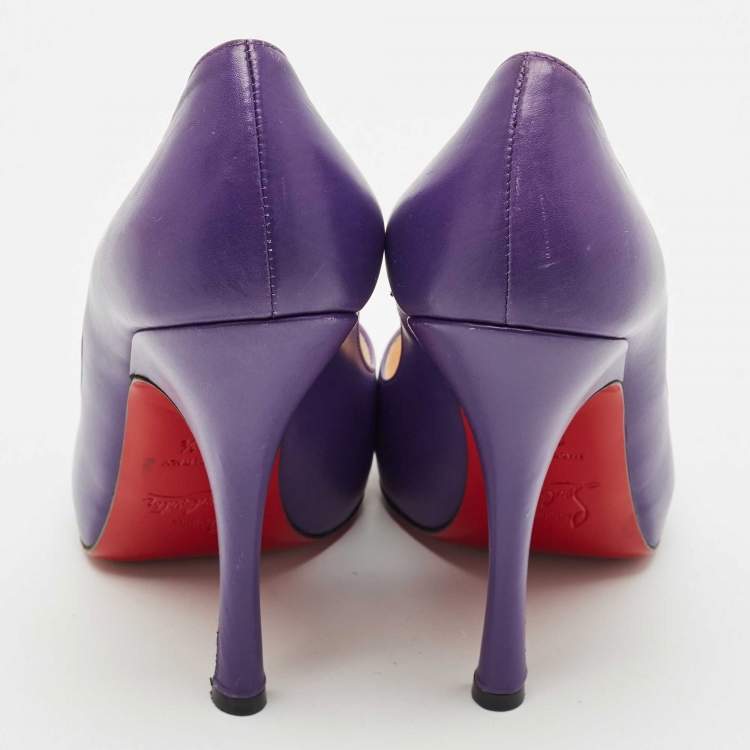 Pre Owned Christian Louboutin Purple Leather Flo Peep Toe Pumps Size 37.5