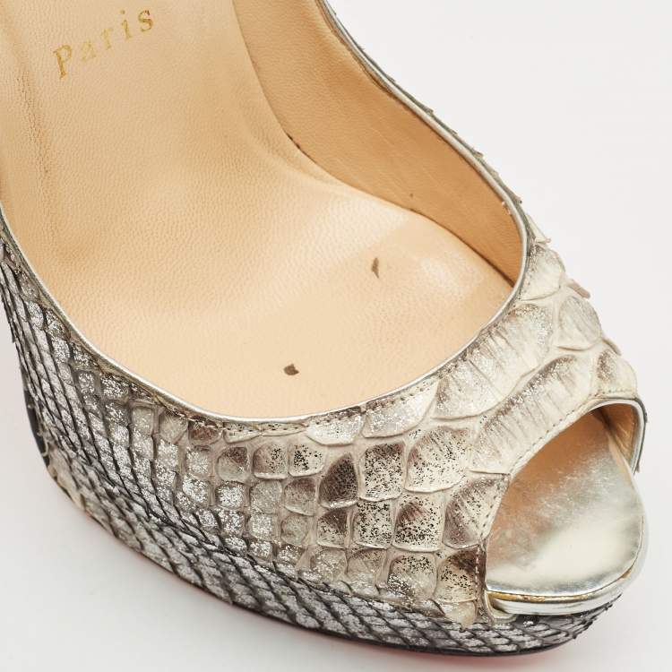 Pre Owned Christian Louboutin Metallic/Silver Python Leather Lady Peep Toe Platform Pumps Size 38.5