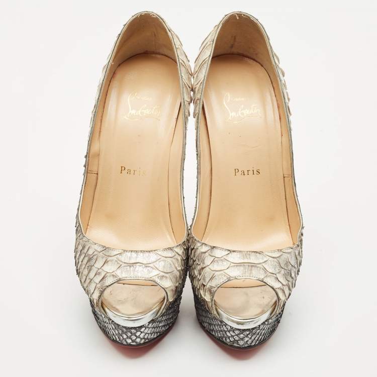 Pre Owned Christian Louboutin Metallic/Silver Python Leather Lady Peep Toe Platform Pumps Size 38.5