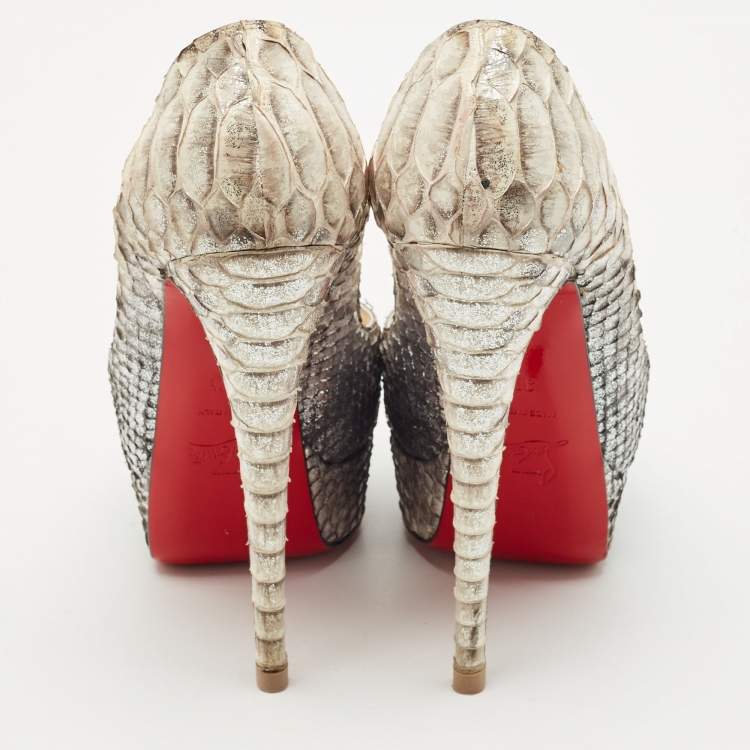 Pre Owned Christian Louboutin Metallic/Silver Python Leather Lady Peep Toe Platform Pumps Size 38.5
