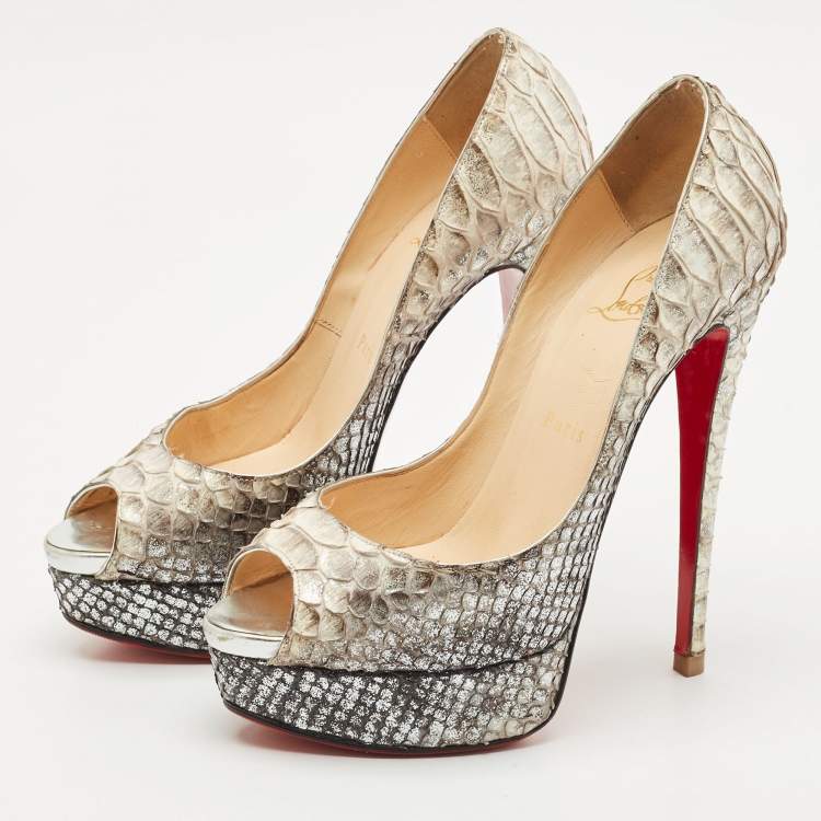 Pre Owned Christian Louboutin Metallic/Silver Python Leather Lady Peep Toe Platform Pumps Size 38.5