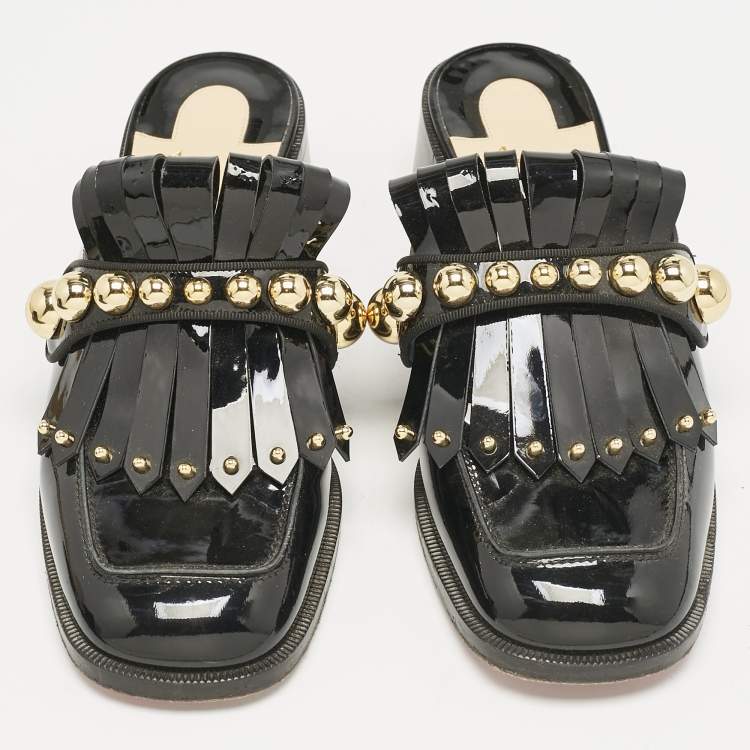 Pre Owned Christian Louboutin Black Patent Leather Octavian Mules Sandals Size 38