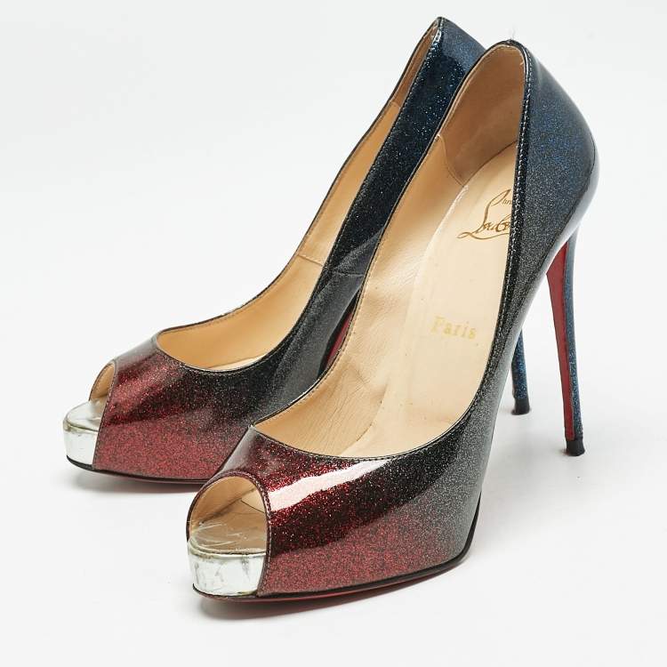 Pre Owned Christian Louboutin Ombre Blue/Red Glitter Patent Leather New Very Prive Pumps Size 37.5