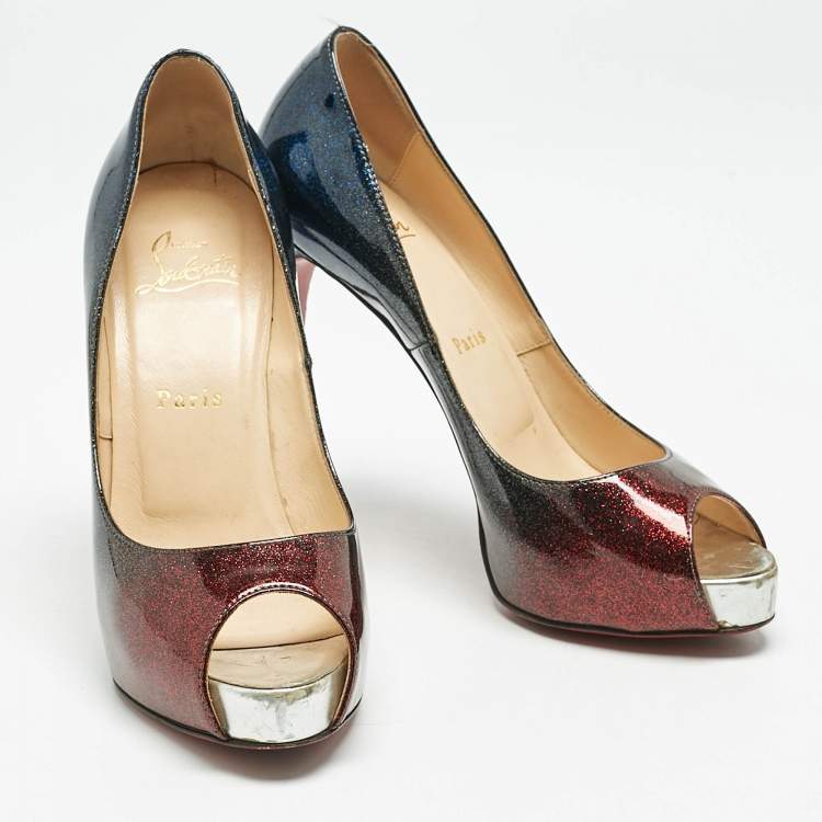 Pre Owned Christian Louboutin Ombre Blue/Red Glitter Patent Leather New Very Prive Pumps Size 37.5