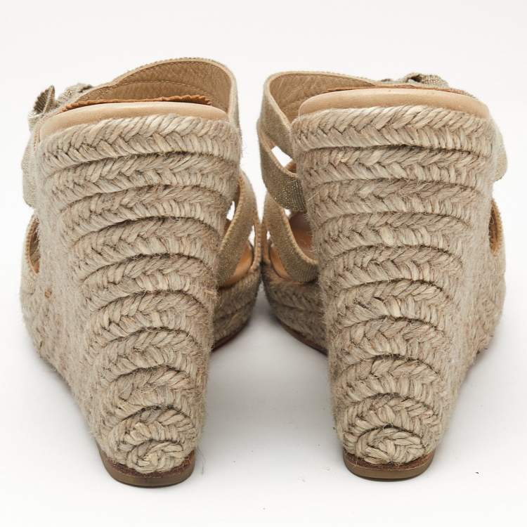 Pre Owned Christian Louboutin Beige Fabric Delfin Espadrille Wedge Sandals Size 39
