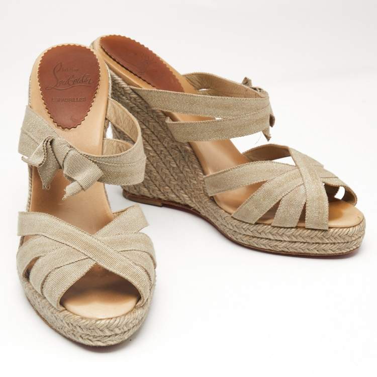 Pre Owned Christian Louboutin Beige Fabric Delfin Espadrille Wedge Sandals Size 39