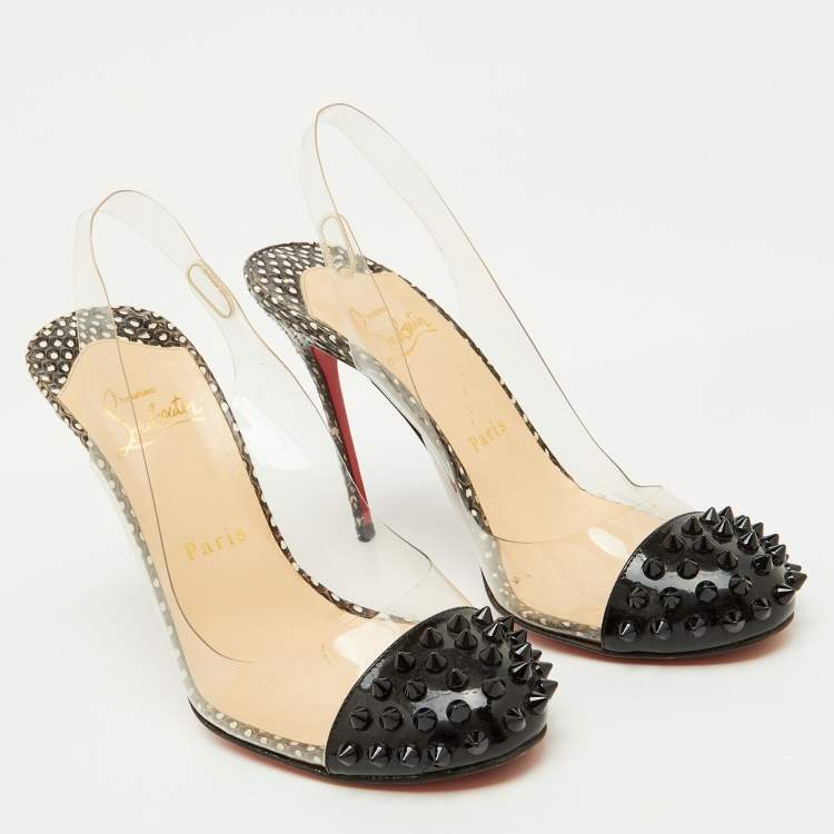 Pre Owned Christian Louboutin Black Patent Leather and PVC Epoca Slingback Pumps Size 37.5