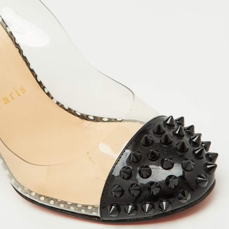 Pre Owned Christian Louboutin Black Patent Leather and PVC Epoca Slingback Pumps Size 37.5