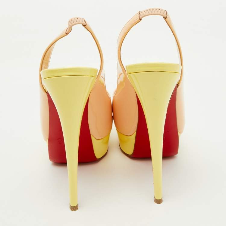 Pre Owned Christian Louboutin Beige/Yellow Patent Leather Lady Peep Toe Platform Slingback Pumps Size 37
