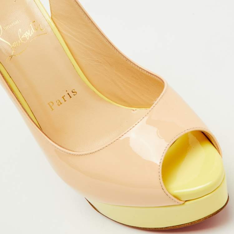 Pre Owned Christian Louboutin Beige/Yellow Patent Leather Lady Peep Toe Platform Slingback Pumps Size 37