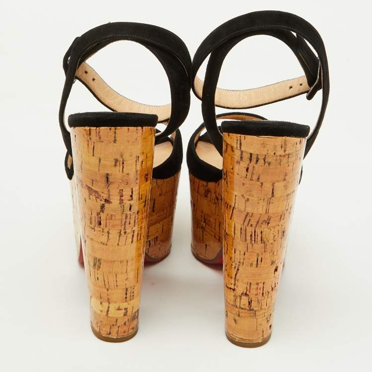 Pre Owned Christian Louboutin Black Suede Super Dombasle Platform Cork Wedge Ankle Strap Sandals Size 36