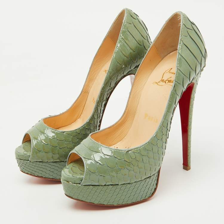 Pre Owned Christian Louboutin Sage Green Python Lady Peep Toe Platform Pumps Size 35