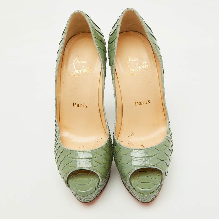 Pre Owned Christian Louboutin Sage Green Python Lady Peep Toe Platform Pumps Size 35