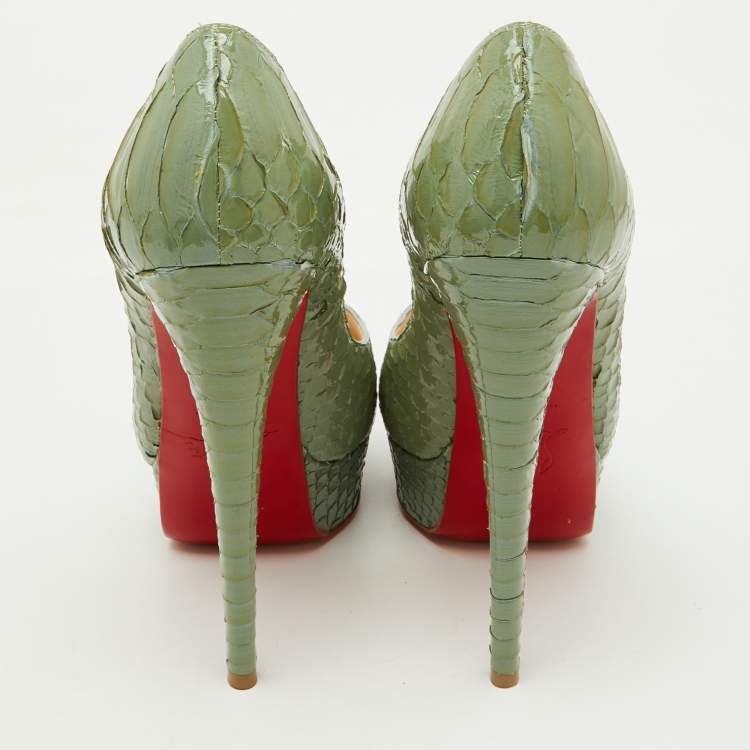 Pre Owned Christian Louboutin Sage Green Python Lady Peep Toe Platform Pumps Size 35