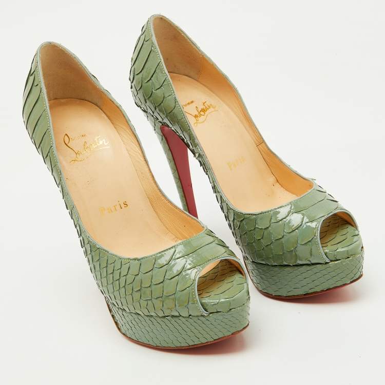 Pre Owned Christian Louboutin Sage Green Python Lady Peep Toe Platform Pumps Size 35