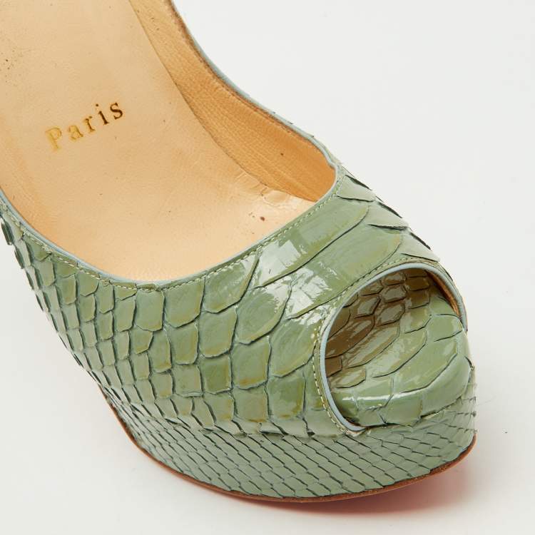 Pre Owned Christian Louboutin Sage Green Python Lady Peep Toe Platform Pumps Size 35