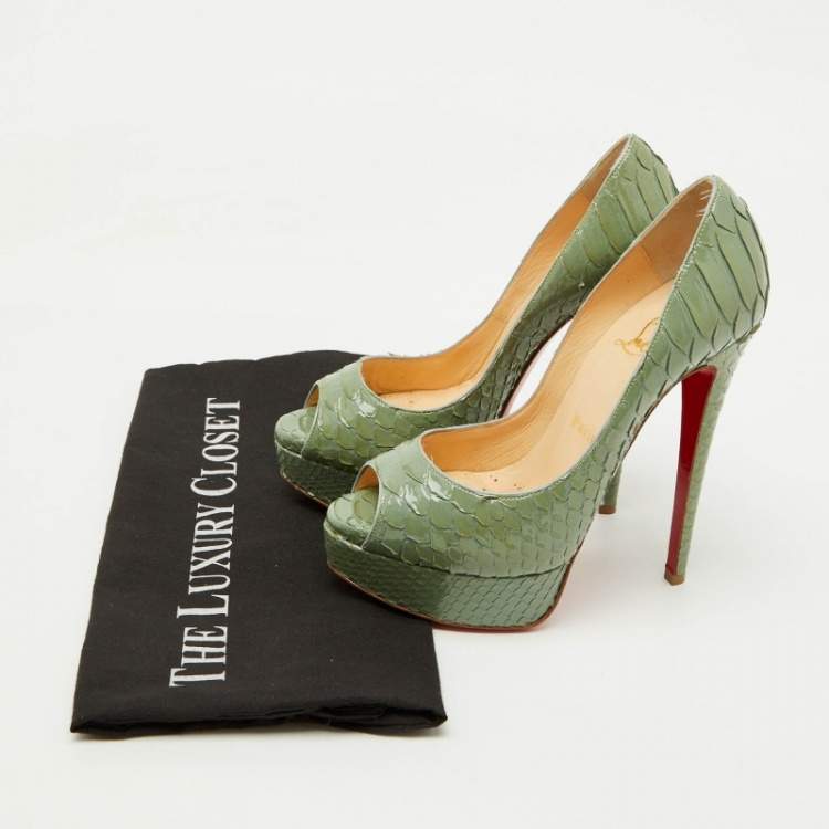 Pre Owned Christian Louboutin Sage Green Python Lady Peep Toe Platform Pumps Size 35