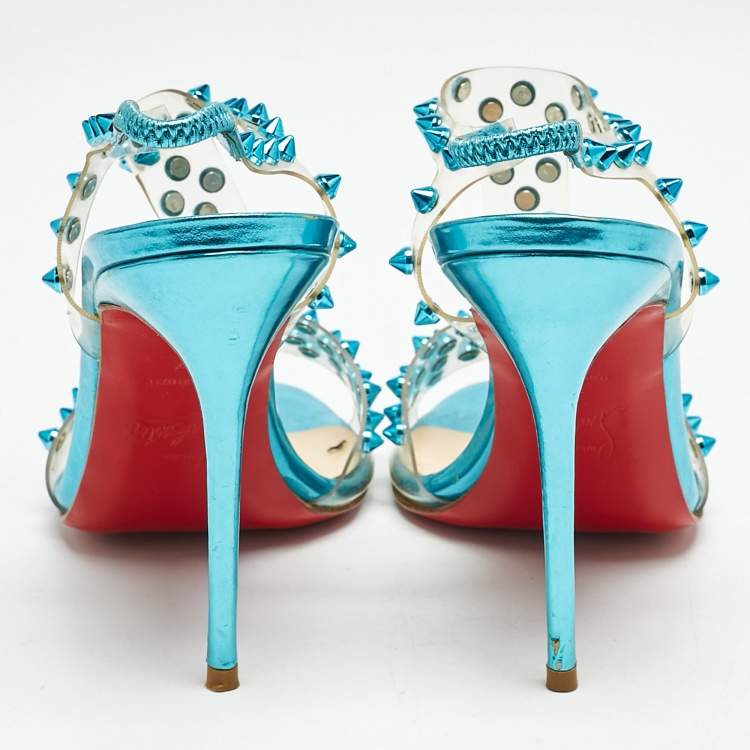 Pre Owned Christian Louboutin Turquoise Spiked PVC J-Lissimo T Strap Sandals Size 37