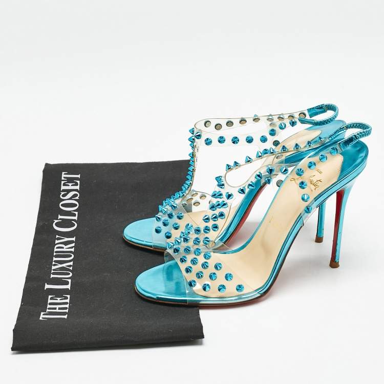 Pre Owned Christian Louboutin Turquoise Spiked PVC J-Lissimo T Strap Sandals Size 37
