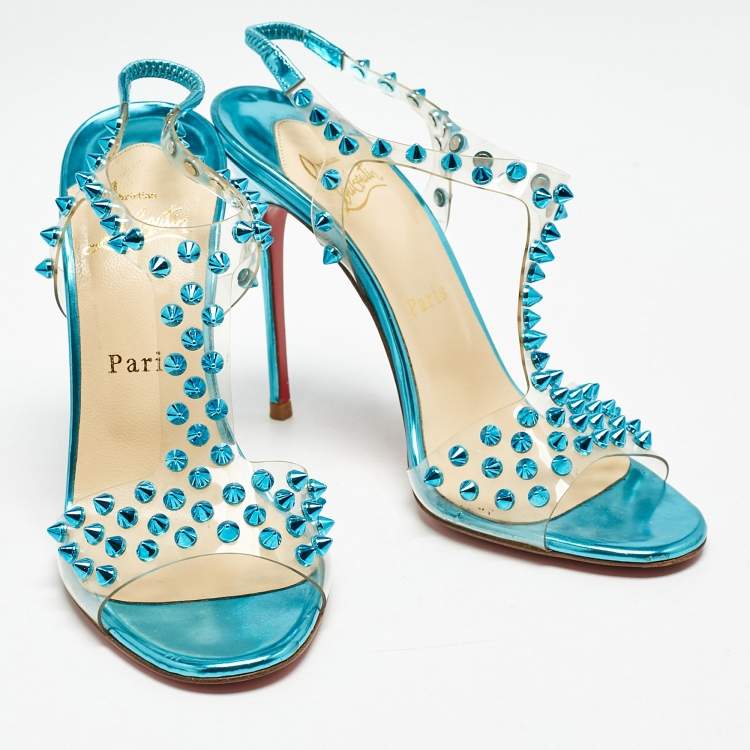 Pre Owned Christian Louboutin Turquoise Spiked PVC J-Lissimo T Strap Sandals Size 37