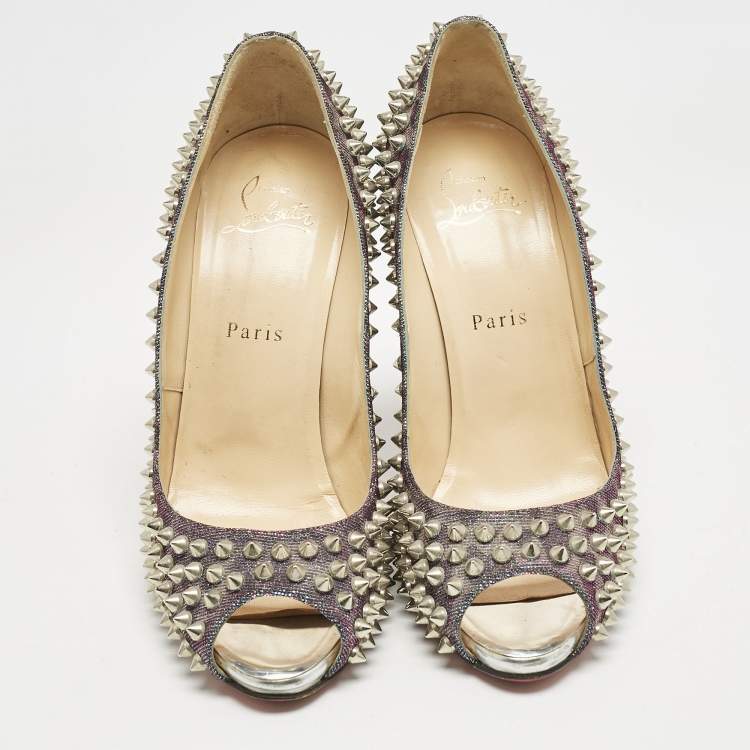 Pre Owned Christian Louboutin Multicolor Metallic Lurex Fabric Yolanda Spikes Peep Toe Pumps Size 38.5
